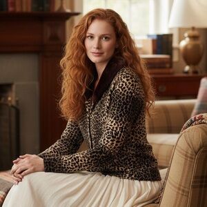 Outlander Brown Faux Fur Animal Print Button Front Cardigan Size M